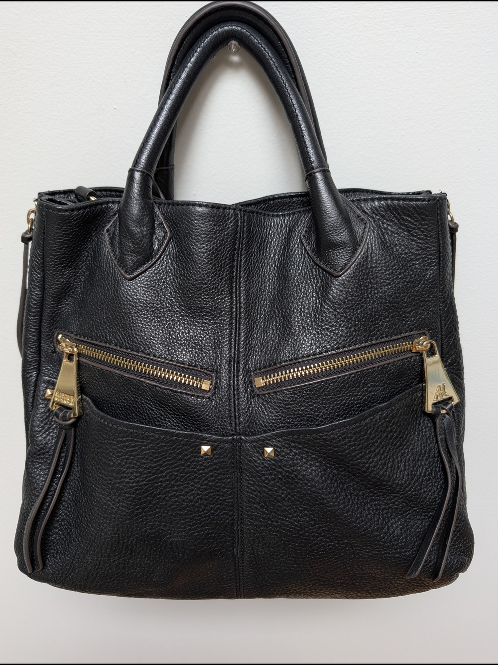 Aimee Kestenberg Black Pebbled Leather Satchel Tote Gold Hardware